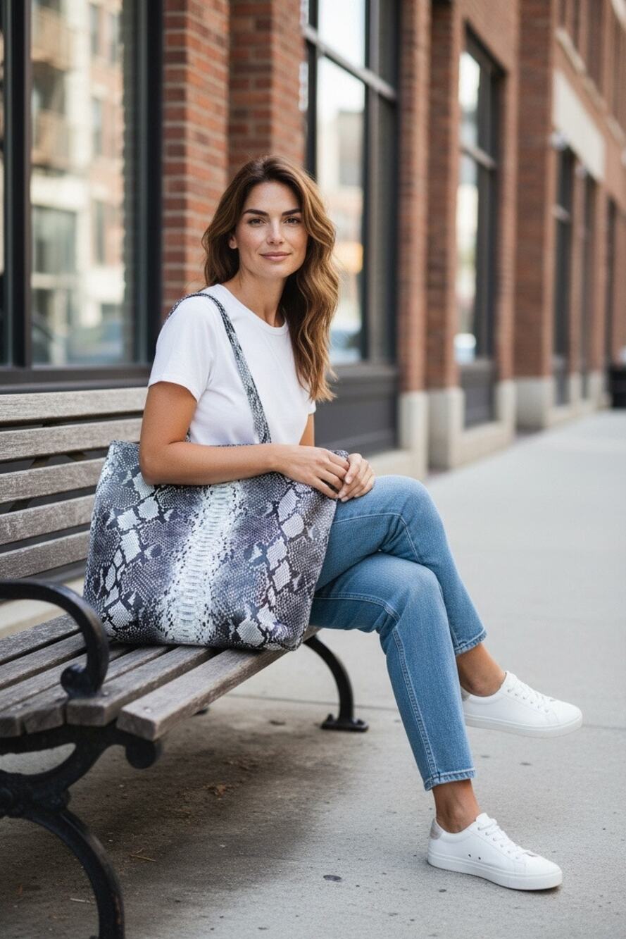 Chico’s Black, White and Gray Faux Snakeskin Print Tote 15” x 17” x 6”
